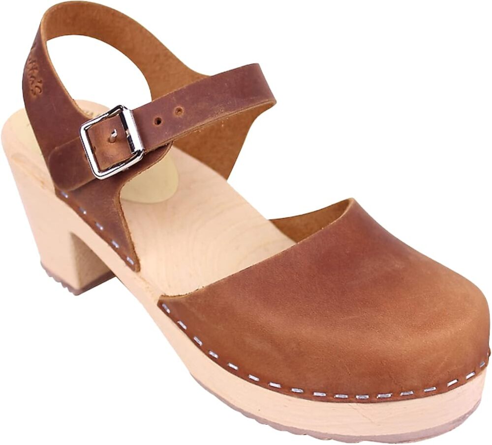 Lotta Highwood Clogs Leather Ankle Strap Heel Closed Toe Wood Cognac Brown 9